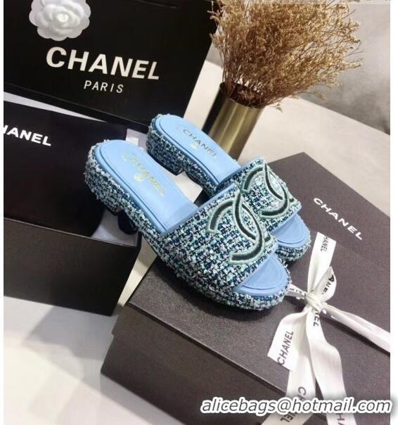 Low Price Chanel Tweed Mules Sandals G35903 Blue 2020