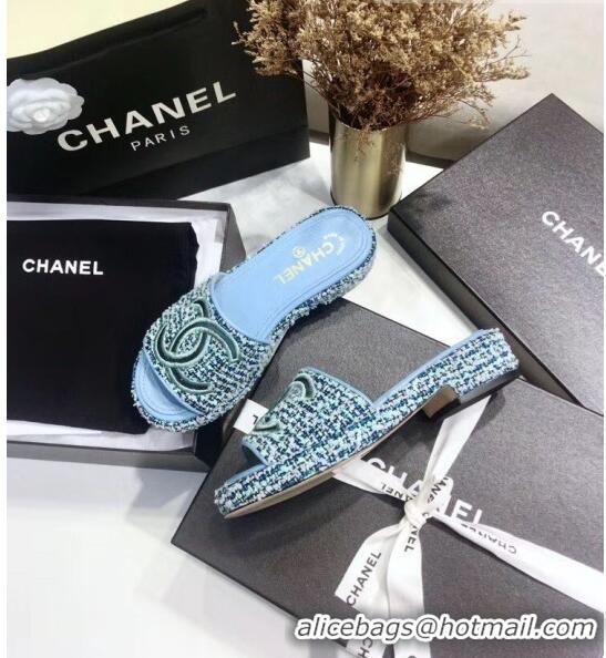 Low Price Chanel Tweed Mules Sandals G35903 Blue 2020