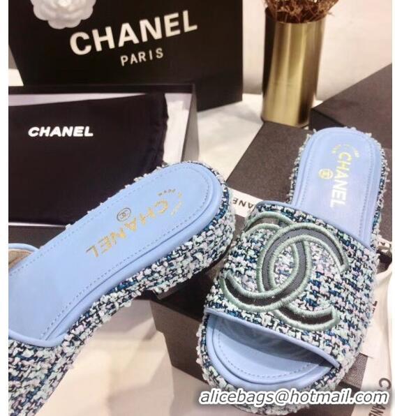 Low Price Chanel Tweed Mules Sandals G35903 Blue 2020