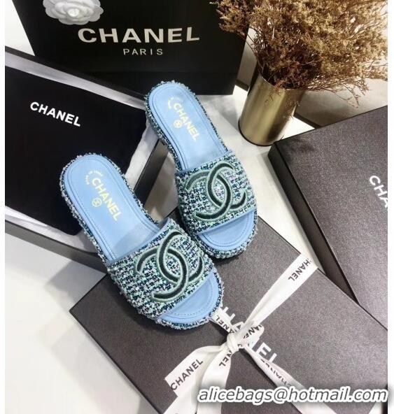 Low Price Chanel Tweed Mules Sandals G35903 Blue 2020