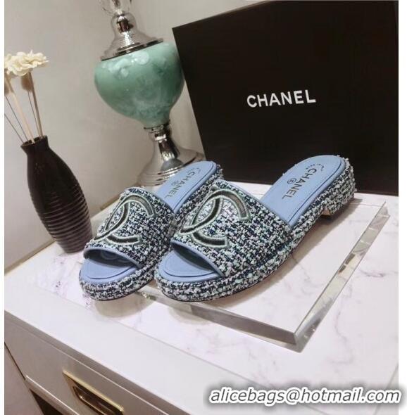 Low Price Chanel Tweed Mules Sandals G35903 Blue 2020