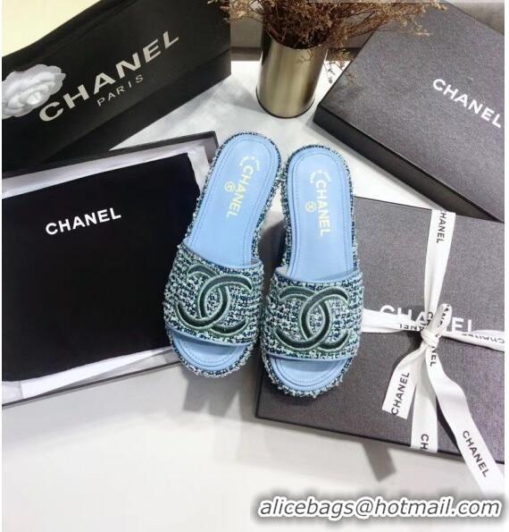 Low Price Chanel Tweed Mules Sandals G35903 Blue 2020