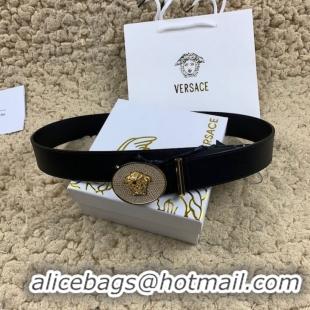 Top Design Versace Medusa Leather Belt with Diamonds V1209 Black