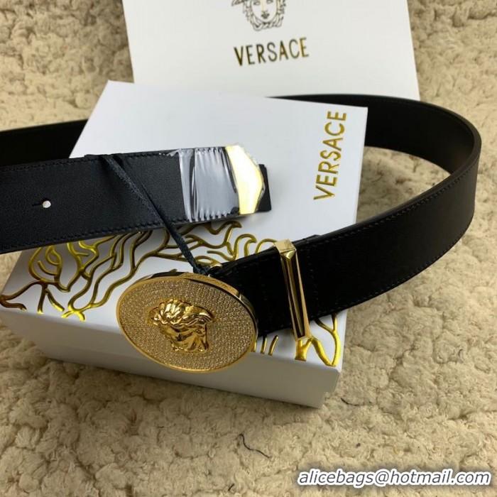 Top Design Versace Medusa Leather Belt with Diamonds V1209 Black