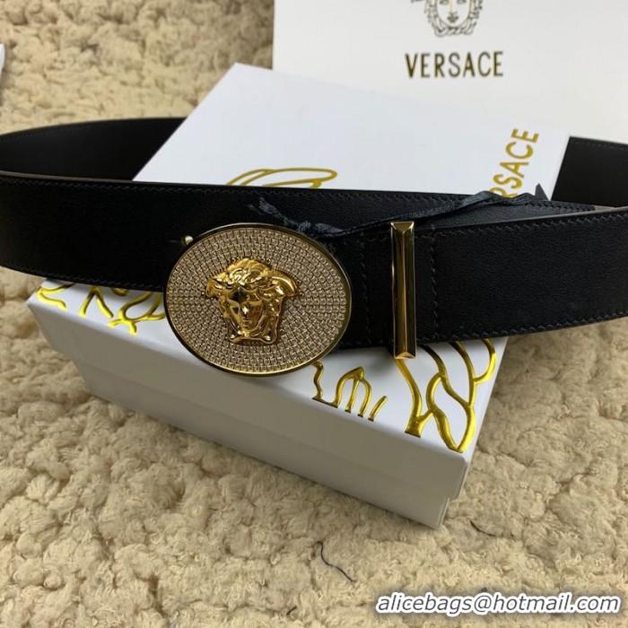 Top Design Versace Medusa Leather Belt with Diamonds V1209 Black