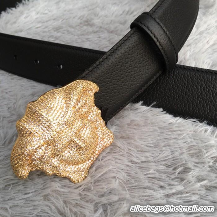 Low Price Versace 3D Medusa Diamond Togo Leather belt V1210 Black/ Gold