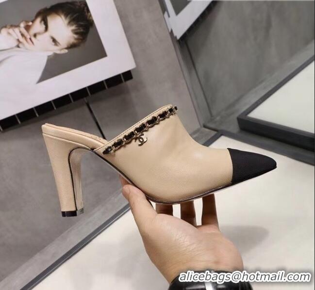 Buy Inexpensive Chanel Lambskin Chain Mules With 8.5cm Heel CC2032 Beige 2020