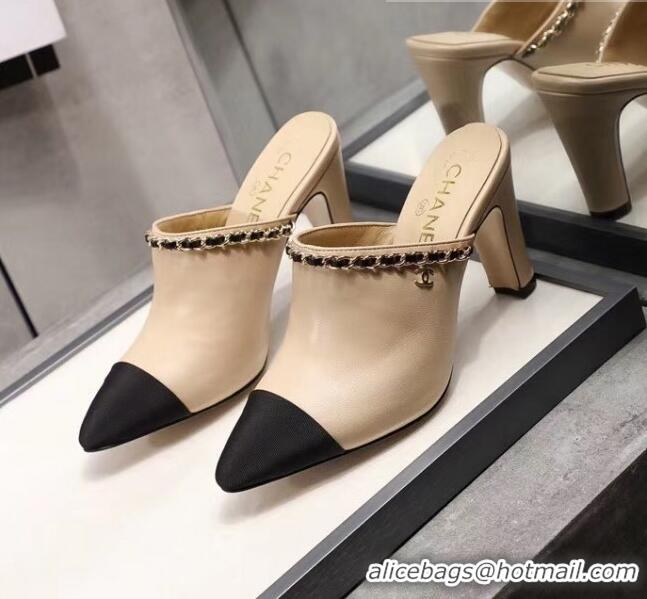 Buy Inexpensive Chanel Lambskin Chain Mules With 8.5cm Heel CC2032 Beige 2020