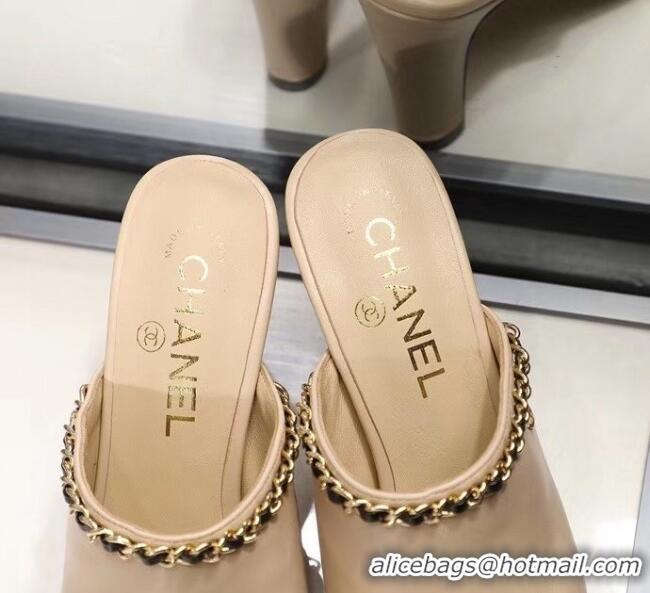 Buy Inexpensive Chanel Lambskin Chain Mules With 8.5cm Heel CC2032 Beige 2020