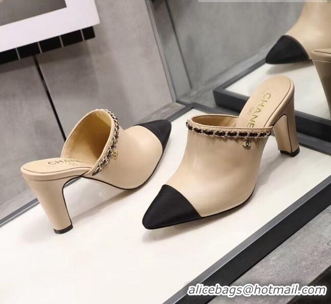 Buy Inexpensive Chanel Lambskin Chain Mules With 8.5cm Heel CC2032 Beige 2020