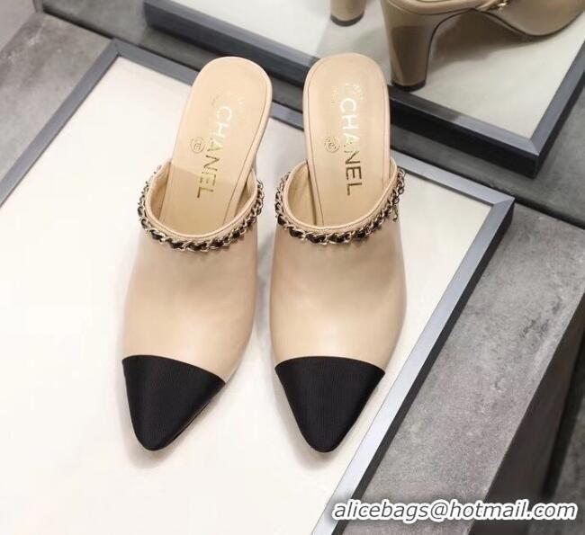 Buy Inexpensive Chanel Lambskin Chain Mules With 8.5cm Heel CC2032 Beige 2020