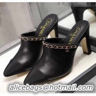 Low Cost Chanel Lambskin Chain Mules With 8.5cm Heel CC2032 Black 2020