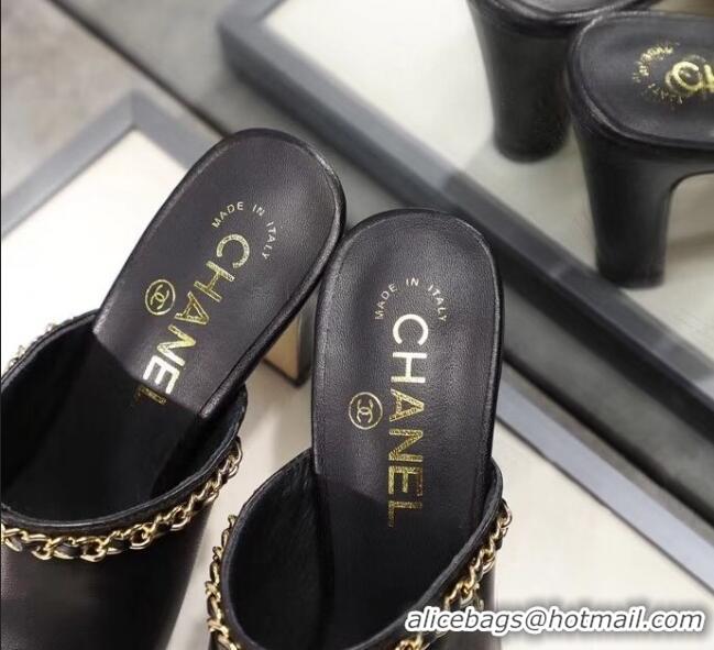 Low Cost Chanel Lambskin Chain Mules With 8.5cm Heel CC2032 Black 2020