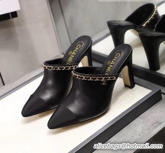 Low Cost Chanel Lambskin Chain Mules With 8.5cm Heel CC2032 Black 2020