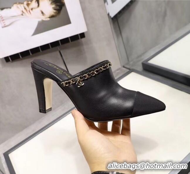 Low Cost Chanel Lambskin Chain Mules With 8.5cm Heel CC2032 Black 2020