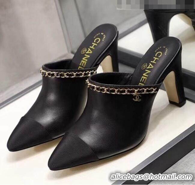 Low Cost Chanel Lambskin Chain Mules With 8.5cm Heel CC2032 Black 2020