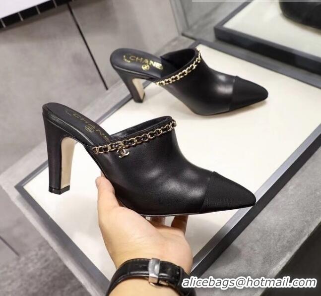 Low Cost Chanel Lambskin Chain Mules With 8.5cm Heel CC2032 Black 2020