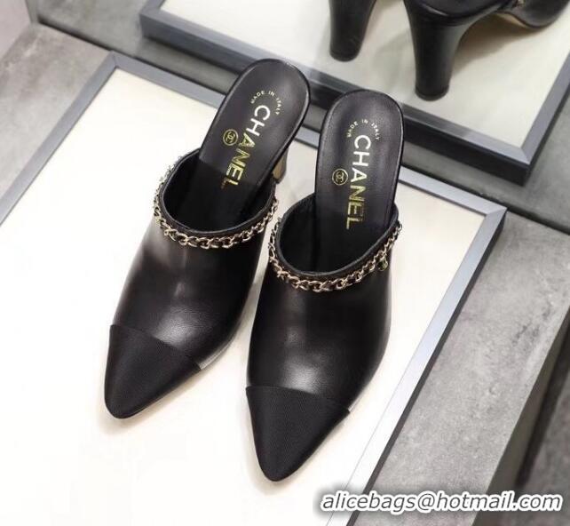 Low Cost Chanel Lambskin Chain Mules With 8.5cm Heel CC2032 Black 2020