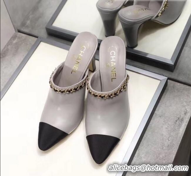 Affordable Price Chanel Lambskin Chain Mules With 8.5cm Heel CC2032 Grey 2020