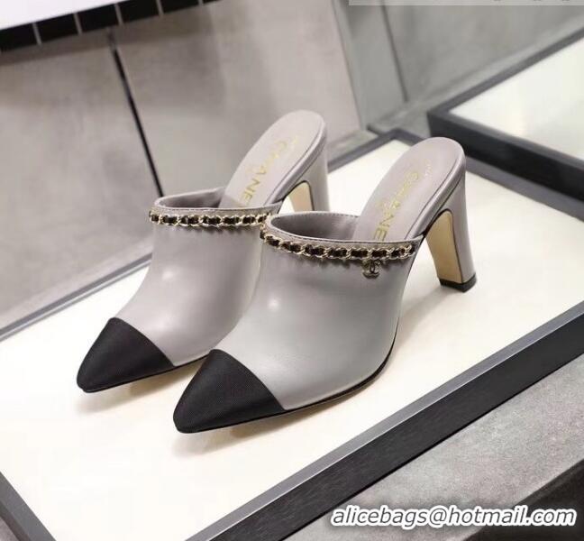 Affordable Price Chanel Lambskin Chain Mules With 8.5cm Heel CC2032 Grey 2020