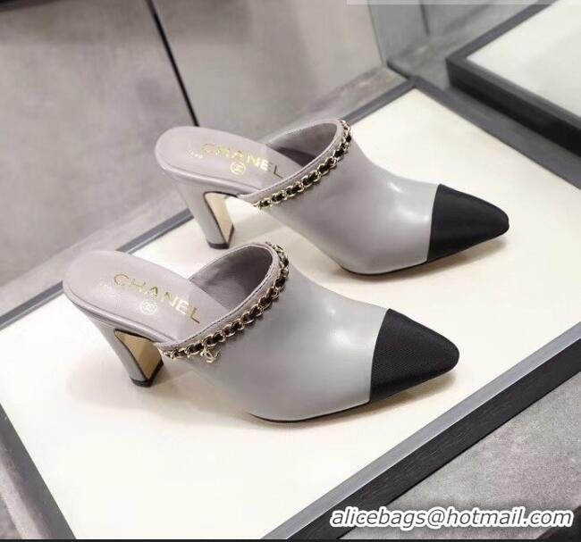 Affordable Price Chanel Lambskin Chain Mules With 8.5cm Heel CC2032 Grey 2020