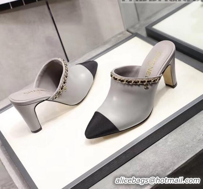 Affordable Price Chanel Lambskin Chain Mules With 8.5cm Heel CC2032 Grey 2020