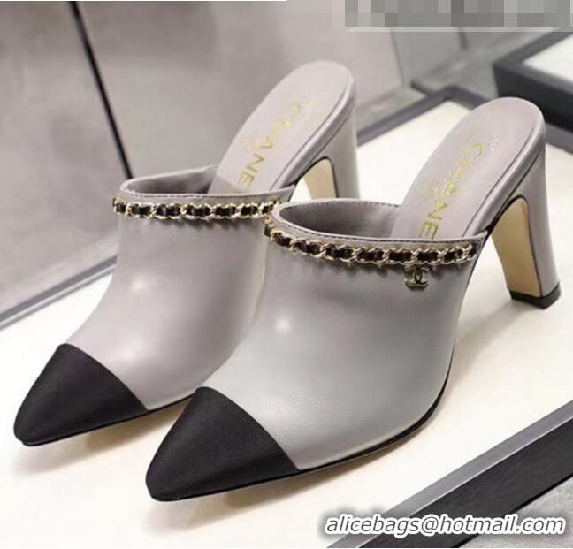 Affordable Price Chanel Lambskin Chain Mules With 8.5cm Heel CC2032 Grey 2020