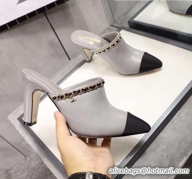 Affordable Price Chanel Lambskin Chain Mules With 8.5cm Heel CC2032 Grey 2020