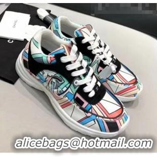 Discount Chanel Multicolor Print Fabric & Calfskin Sneaker CC2035 Cyan 2020