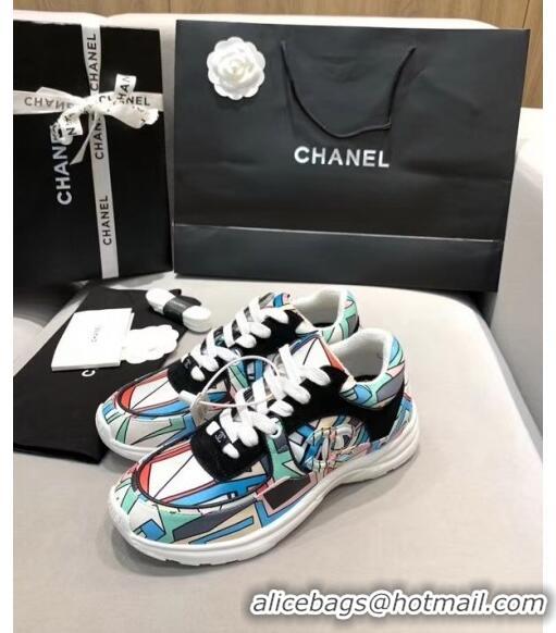 Discount Chanel Multicolor Print Fabric & Calfskin Sneaker CC2035 Cyan 2020