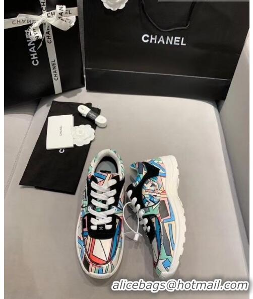 Discount Chanel Multicolor Print Fabric & Calfskin Sneaker CC2035 Cyan 2020