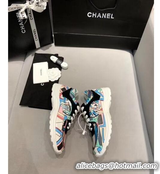 Discount Chanel Multicolor Print Fabric & Calfskin Sneaker CC2035 Cyan 2020