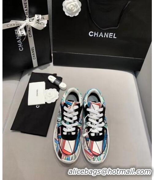 Discount Chanel Multicolor Print Fabric & Calfskin Sneaker CC2035 Cyan 2020