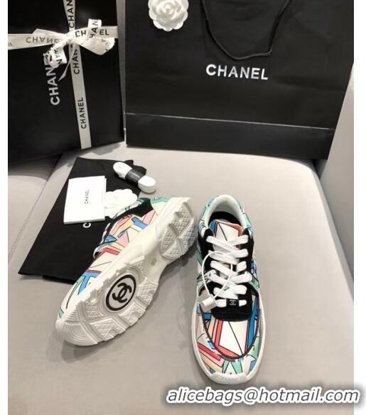 Discount Chanel Multicolor Print Fabric & Calfskin Sneaker CC2035 Cyan 2020