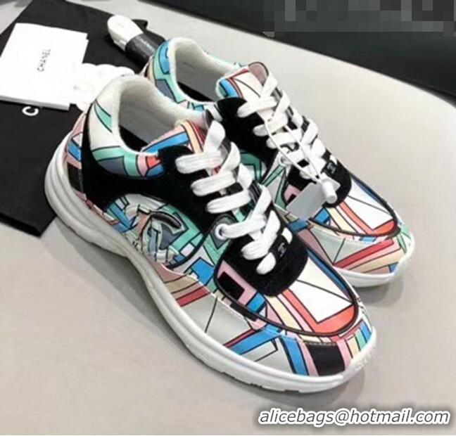 Discount Chanel Multicolor Print Fabric & Calfskin Sneaker CC2035 Cyan 2020