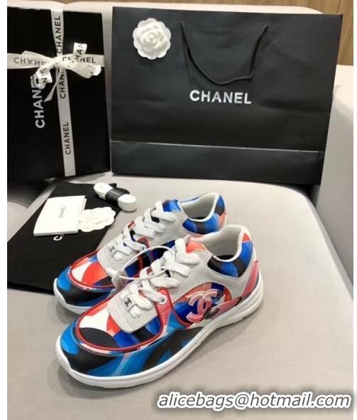 Well Crafted Chanel Multicolor Print Fabric & Calfskin Sneaker CC2035 Blue/Pink 2020