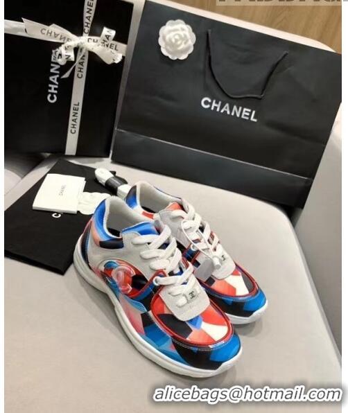 Well Crafted Chanel Multicolor Print Fabric & Calfskin Sneaker CC2035 Blue/Pink 2020