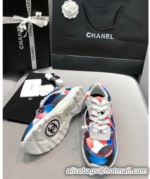 Well Crafted Chanel Multicolor Print Fabric & Calfskin Sneaker CC2035 Blue/Pink 2020