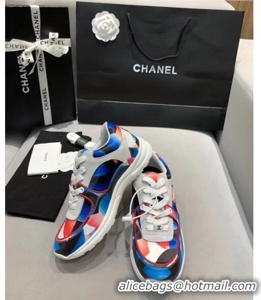 Well Crafted Chanel Multicolor Print Fabric & Calfskin Sneaker CC2035 Blue/Pink 2020