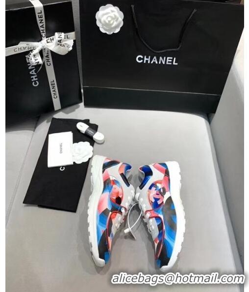 Well Crafted Chanel Multicolor Print Fabric & Calfskin Sneaker CC2035 Blue/Pink 2020