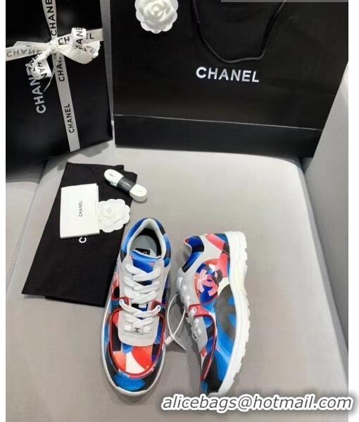 Well Crafted Chanel Multicolor Print Fabric & Calfskin Sneaker CC2035 Blue/Pink 2020