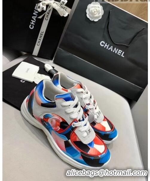 Well Crafted Chanel Multicolor Print Fabric & Calfskin Sneaker CC2035 Blue/Pink 2020