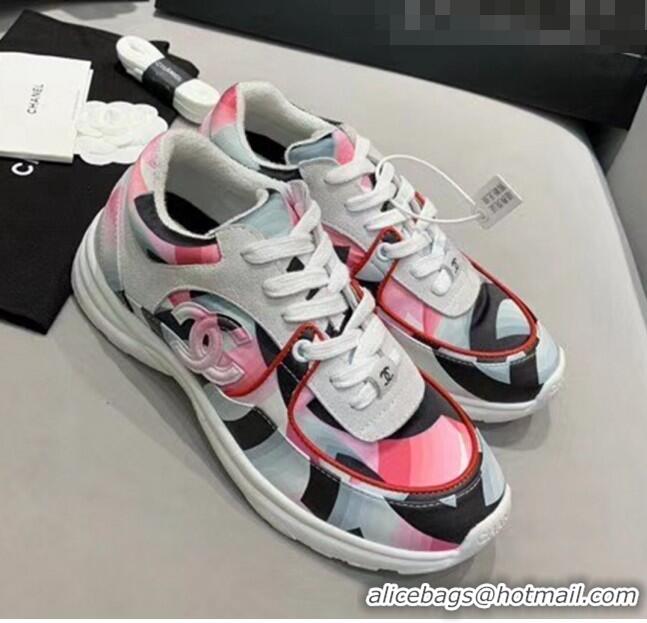 Top Design Chanel Multicolor Print Fabric & Calfskin Sneaker CC2035 Pink 2020