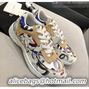 Famous Brand Chanel Multicolor Print Fabric & Calfskin Sneaker CC2035 Beige/White 2020