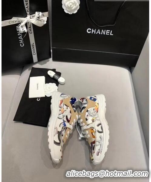 Famous Brand Chanel Multicolor Print Fabric & Calfskin Sneaker CC2035 Beige/White 2020