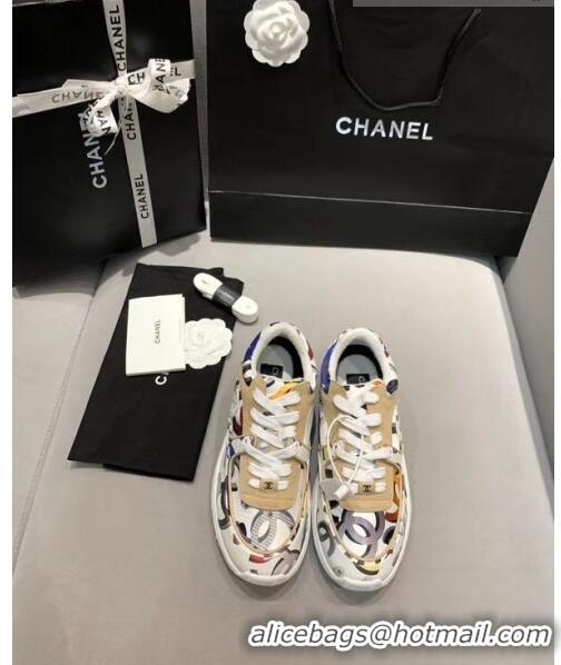 Famous Brand Chanel Multicolor Print Fabric & Calfskin Sneaker CC2035 Beige/White 2020