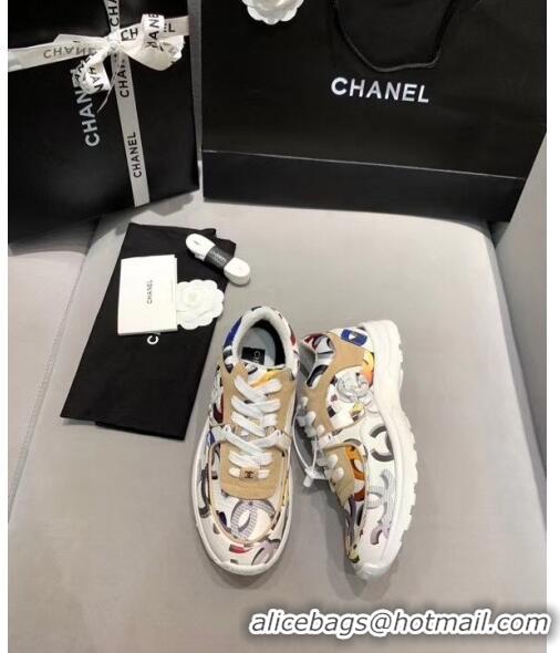 Famous Brand Chanel Multicolor Print Fabric & Calfskin Sneaker CC2035 Beige/White 2020