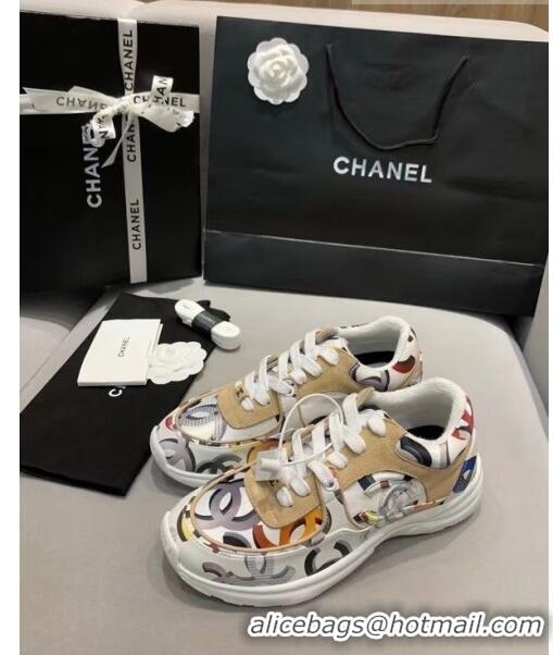 Famous Brand Chanel Multicolor Print Fabric & Calfskin Sneaker CC2035 Beige/White 2020