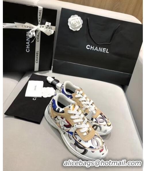 Famous Brand Chanel Multicolor Print Fabric & Calfskin Sneaker CC2035 Beige/White 2020