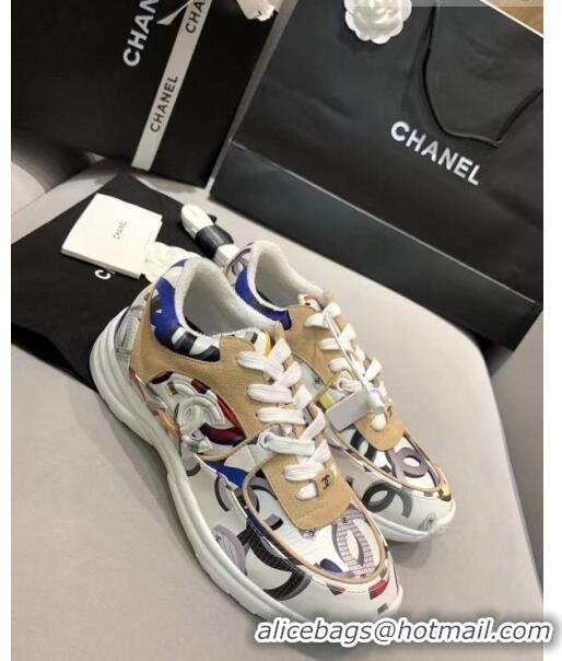 Famous Brand Chanel Multicolor Print Fabric & Calfskin Sneaker CC2035 Beige/White 2020